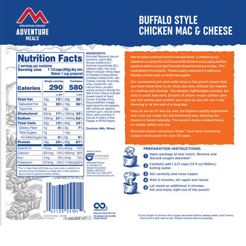 Mountain House Adventure Meals Buffalo Style Chicken Mac & Cheese - Nutrition