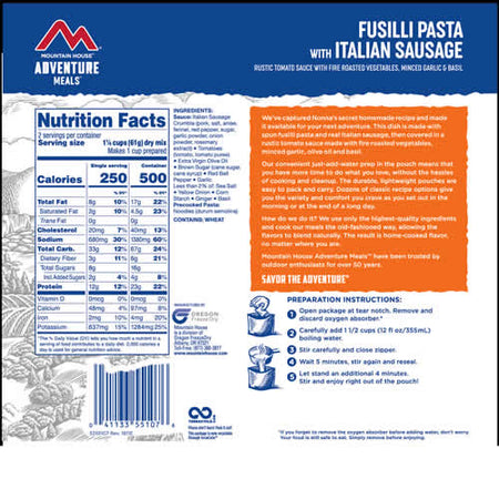 Mountain House Adventure Meals Fusilli Pasta w/ Italian Sausage - Nutrition