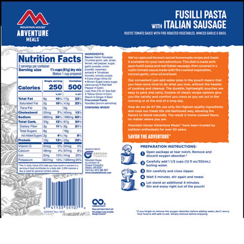 Mountain House Adventure Meals Fusilli Pasta w/ Italian Sausage - Nutrition