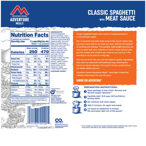 Mountain House Adventure Meals Classic Spaghetti with Meat Sauce - Nutrition