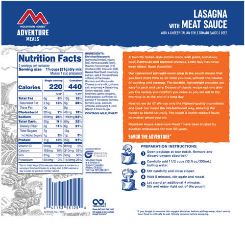 Mountain House Adventure meals Lasagna with Meat Sauce - Nutrition