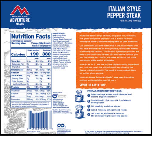 Mountain House Adventure Meals Italian Pepper Steak - Nutrition