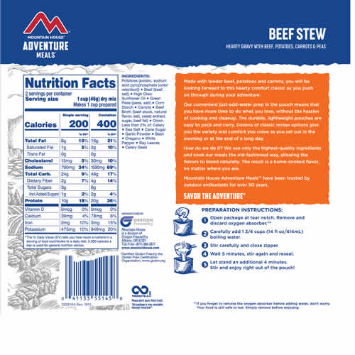 Mountain House Adventure Meals Beef Stew - Nutrition