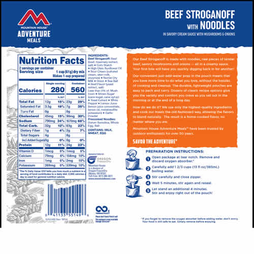 Mountain House Adventure Meals Beef Stroganoff w/ Noodles - Nutrition