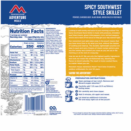 Mountain House Adventure Meals Spicy Southwest Style Skillet - Nutrition