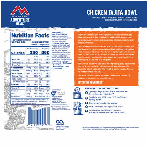 Mountain House Adventure Meals Chicken Fajita Bowl - Nutrition