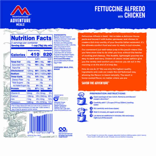 Mountain House Adventure Meals Fettuccine Alfredo with Chicken - Nutrition