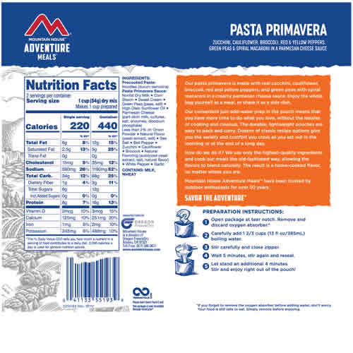 Mountain House Adventure Meals Pasta Primavera - Nutrition