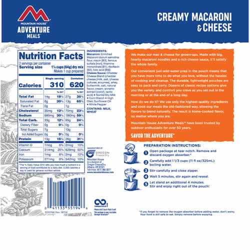 Mountain House Creamy Macaroni & Cheese - Nutrition