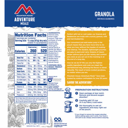 Mountain House Adventure Meals Granola with Blueberries & Milk - Nutrition