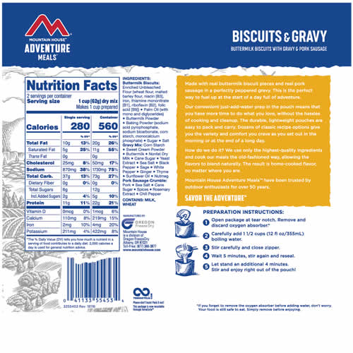 Mountain House Adventure Meals Biscuits & Gravy - Nutrition