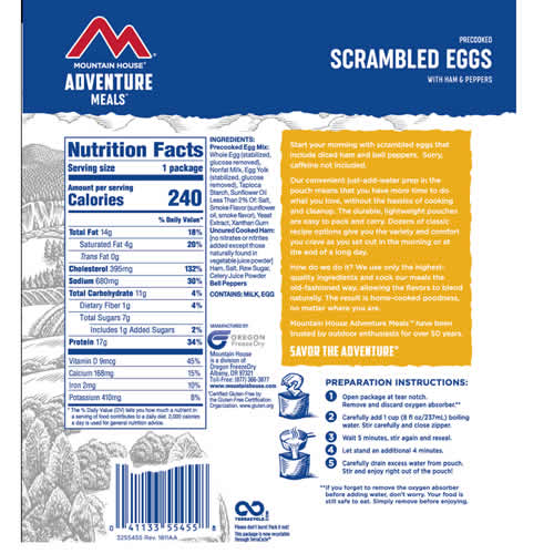 Mountain House Adventure Meals Scrambled Eggs with Ham & Peppers - Nutrition