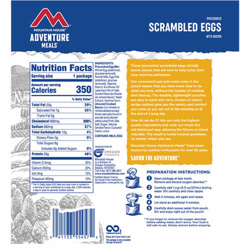 Mountain House Adventure Meals Scrambled Eggs with Bacon - Nutrition