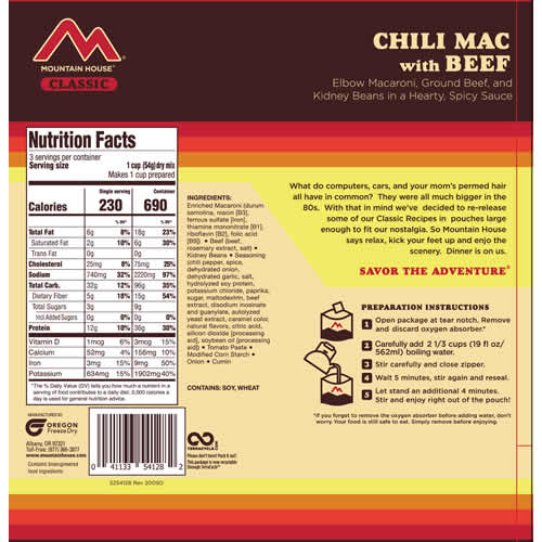 Mountain House Classic Recipe Chili Mac with Beef - Nutrition