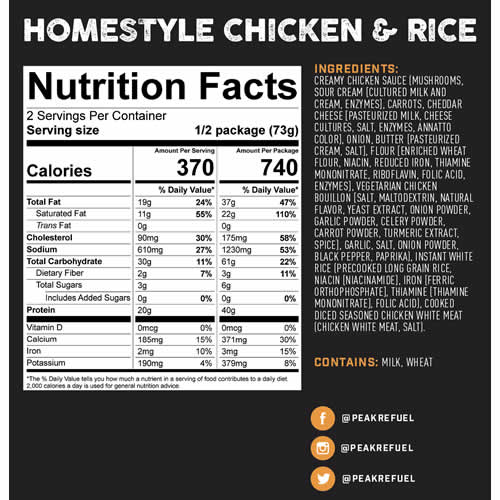 Peak Refuel Homestyle Chicken & Rice - Nutrition