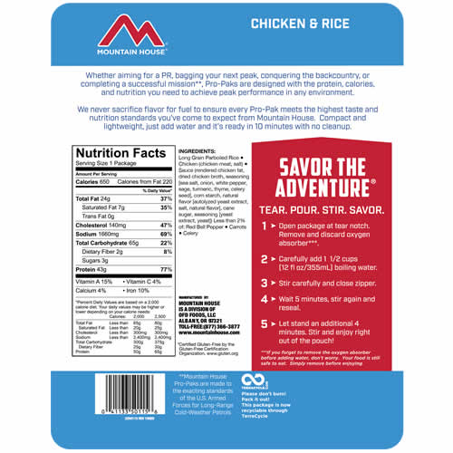 Mountain House Pro-Pak Chicken & Rice - Nutrition