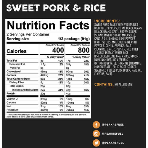 Peak Refuel Sweet Pork & Rice - Nutrition