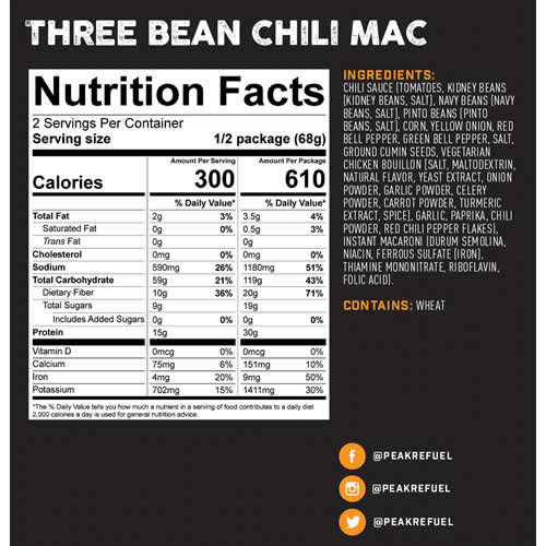 Peak Refuel Three Bean Chili Mac - Nutrition