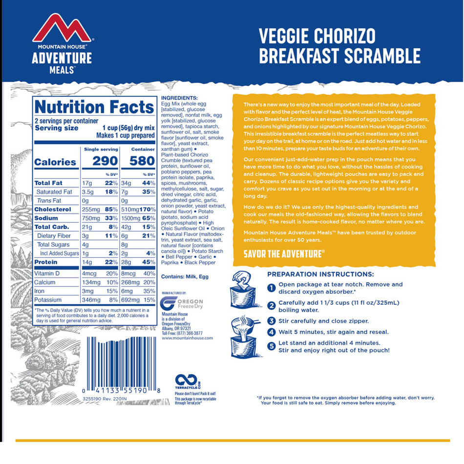 Mountain House Adventure Meals Veggie Chorizo Breakfast Scramble - Nutrition