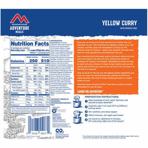 Mountain House Adventure Meals Yellow Curry with Chicken & Rice - Nutrition