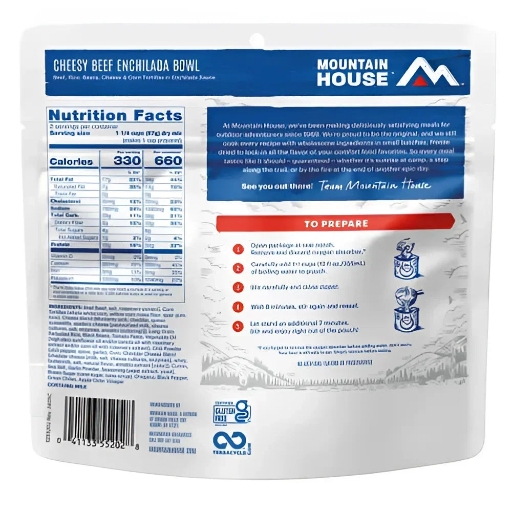 Back of Mountain House Cheesy Beef Enchilada Bowl Pouch