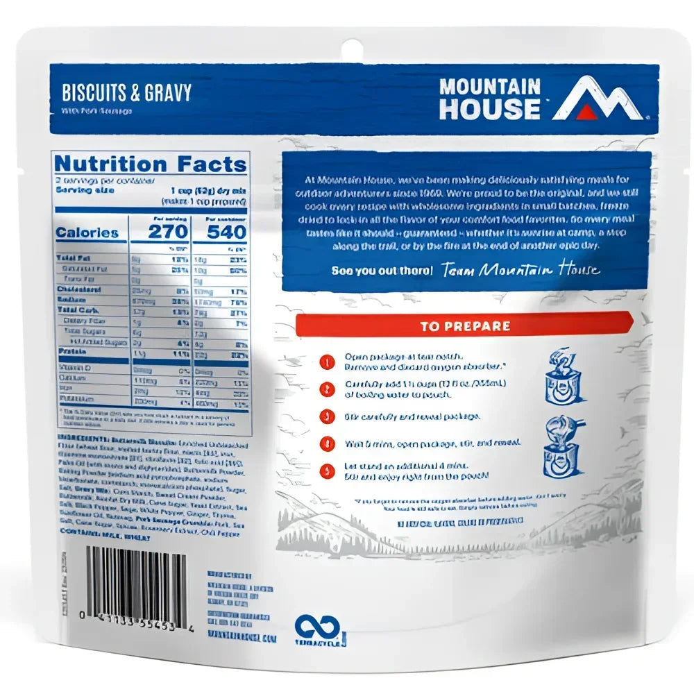 Back of Mountain House Biscuits & Gravy Pouch