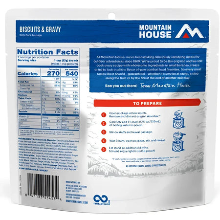 Back of Mountain House Biscuits & Gravy Pouch