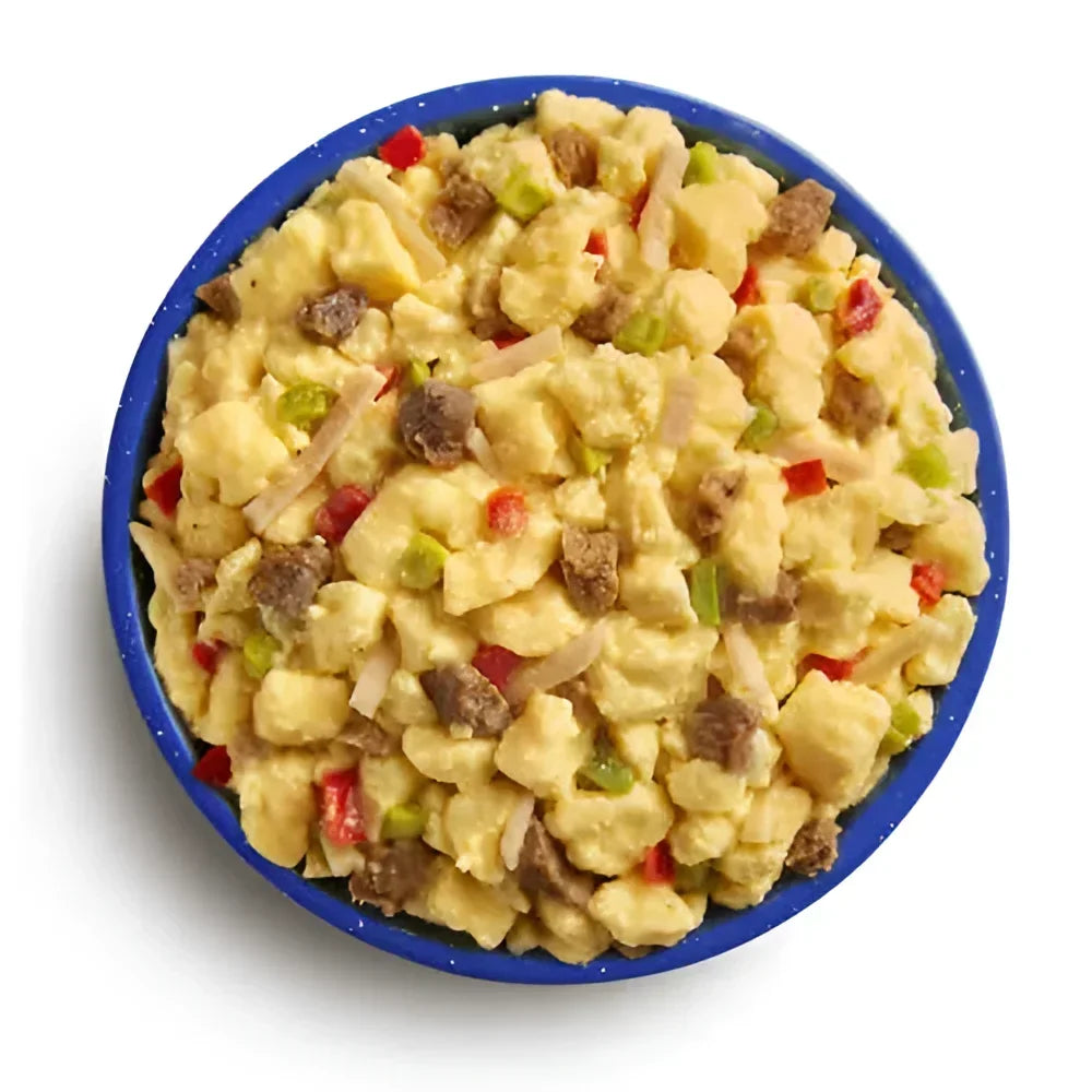 Mountain House Military Breakfast Skillet Pro-Pak MCW.  Hash browns, savory sausage, veggies, and scrambled eggs.
