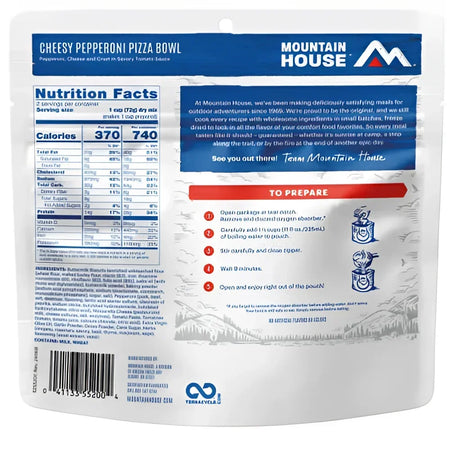 Back of Mountain House Cheesy Pepperoni Pizza Bowl Pouch