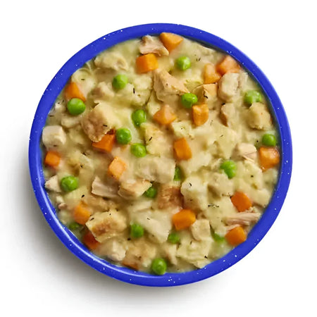 Mountain House Military Chicken & Dumplings MCW. Tender chicken, veggies, and velvety dumplings in a mouthwatering savory white gravy.