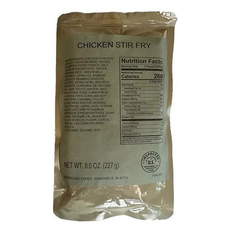 Beige resealable pouch of military-grade chicken stir fry mre entree meal perfect for easy mre beef taco alternatives