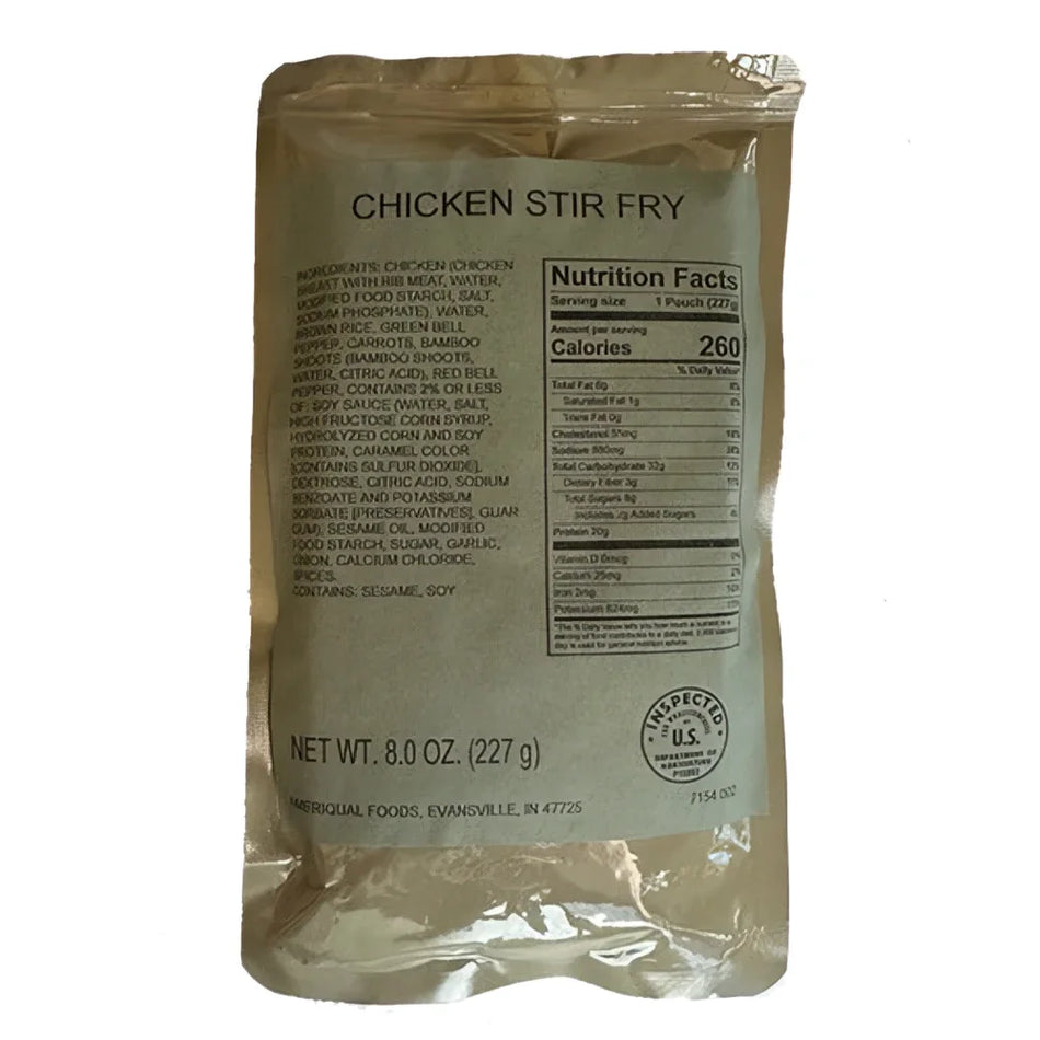 Beige resealable pouch of military-grade chicken stir fry mre entree meal perfect for easy mre beef taco alternatives