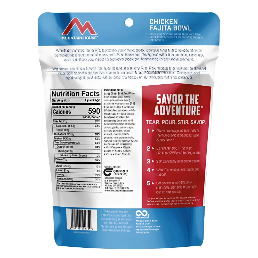 Mountain House Military Pro-Pak Chicken Fajita Bowl back of pouch