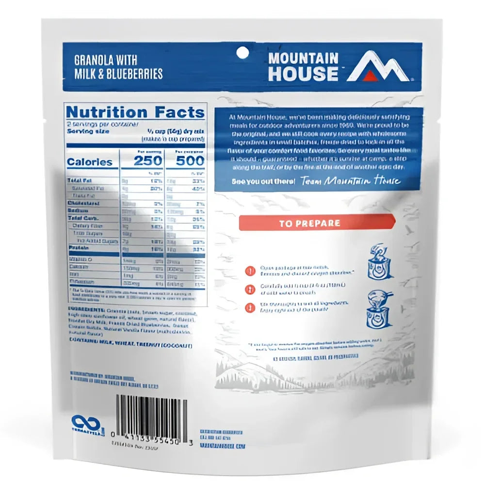 Back of Mountain House Granola with Milk & Blueberries Pouch