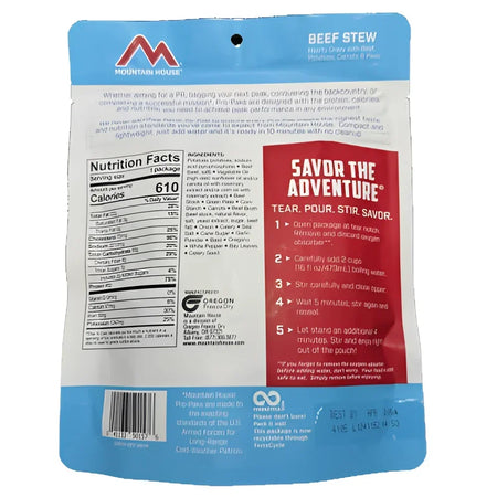 Back of Mountain House MILITARY Pro-Pak BEEF STEW Pouch