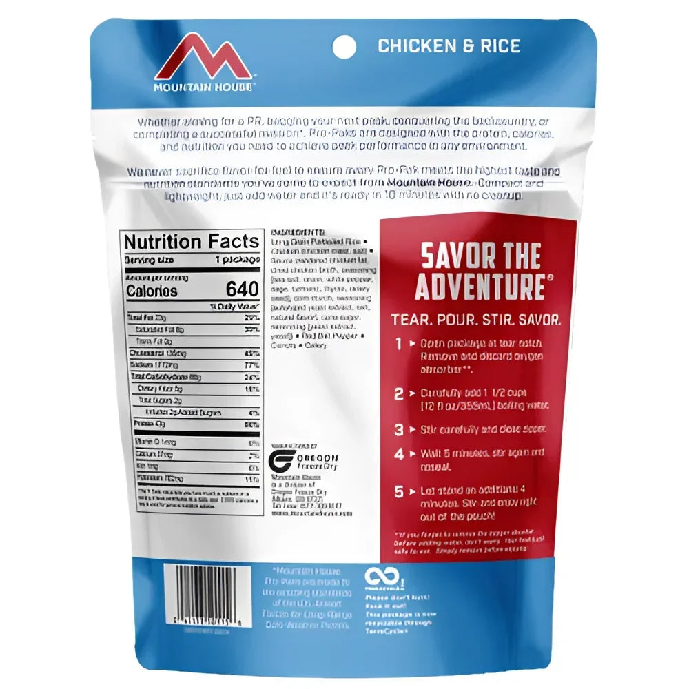 Back of Mountain House Chicken & Rice Pro-Pak Pouch