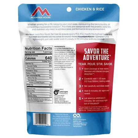Back of Mountain House Chicken & Rice Pro-Pak Pouch
