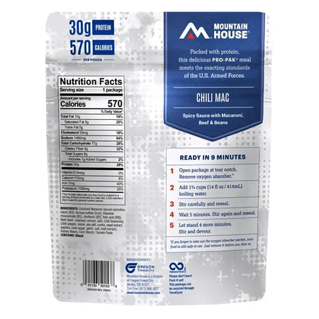 Mountain House MILITARY Pro-Pak CHILI MAC Pouch Back of Pouch
