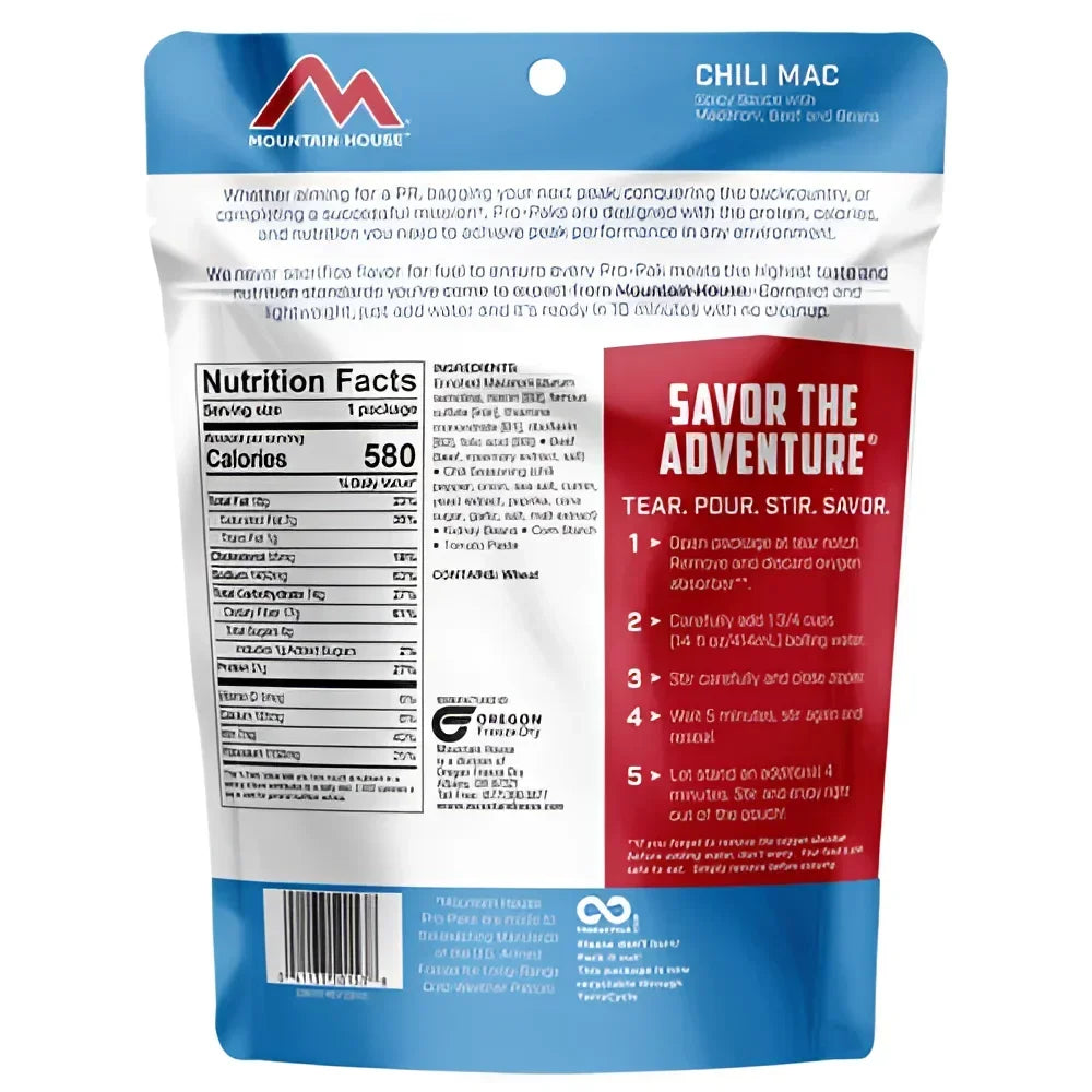 Back of Mountain House Chili Mac Pro-Pak Pouch