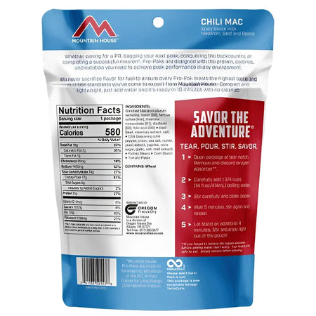 Back of Mountain House Chili Mac Pro-Pak Pouch