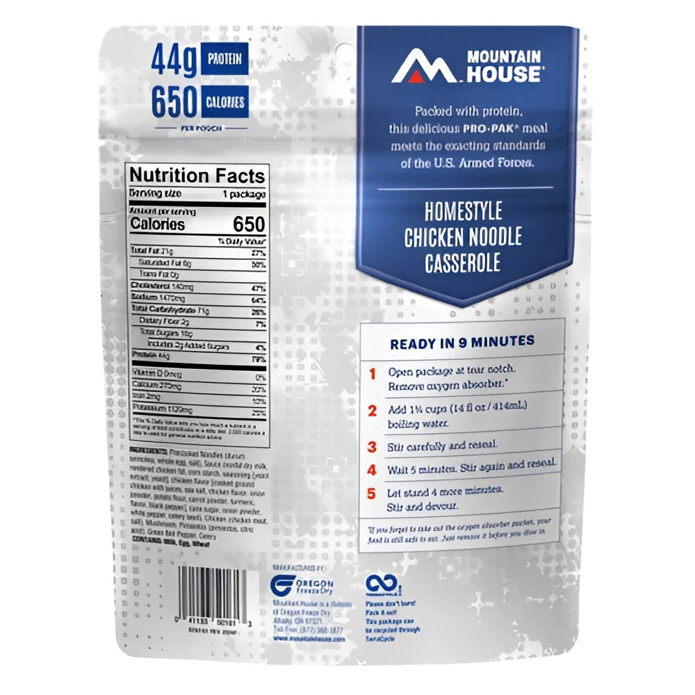 Back of a Mountain House Homestyle Chicken Noodle Casserole freeze-dried meal pouch, showing nutrition facts, product details, and preparation instructions on a white and blue package.