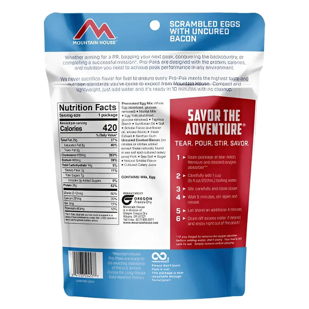 Back of Mountain House Scrambled Eggs with Bacon Pouch