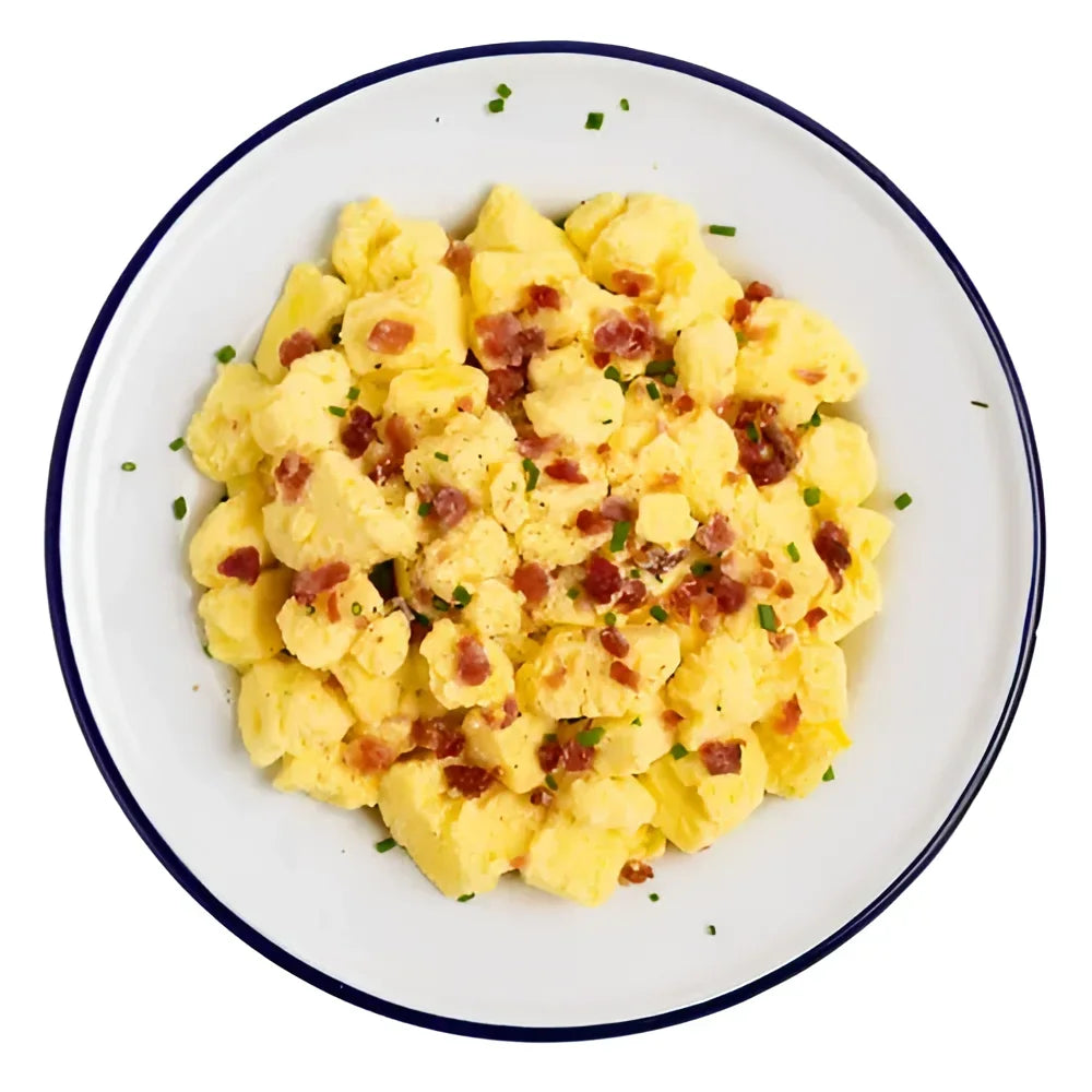 Mountain House Military Scrambled Eggs with Uncured Bacon Pro-Pak MCW. Classic breakfast of scrambled eggs with bacon pieces.