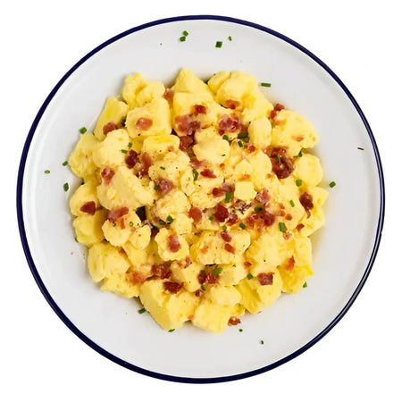 Mountain House Military Scrambled Eggs with Uncured Bacon Pro-Pak MCW. Classic breakfast of scrambled eggs with bacon pieces.