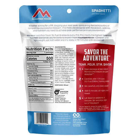 Back of Mountain House Spaghetti Pro-Pak Ingredients & Nutrition