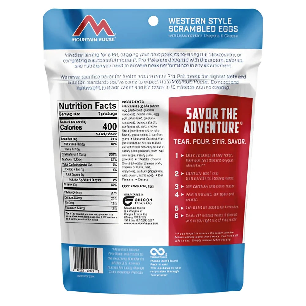 Mountain House Military Pro-Pak Western Style Scrambled Eggs with Ham, Peppers & Cheese back of pouch
