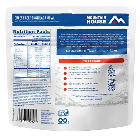 Back of Mountain House Cheesy Beef Enchilada Bowl Pouch