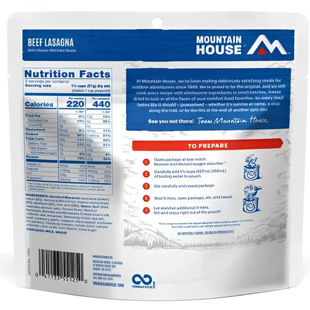 Back of Mountain House Beef Lasagna Pouch