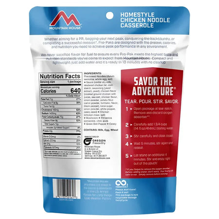Back of Mountain House Homestyle Chicken Noodle Casserole Pro-Pak Pouch