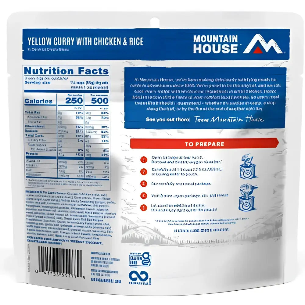 Mountain House Yellow Curry with Chicken & Rice Meal nutrition facts and preparation instructions.